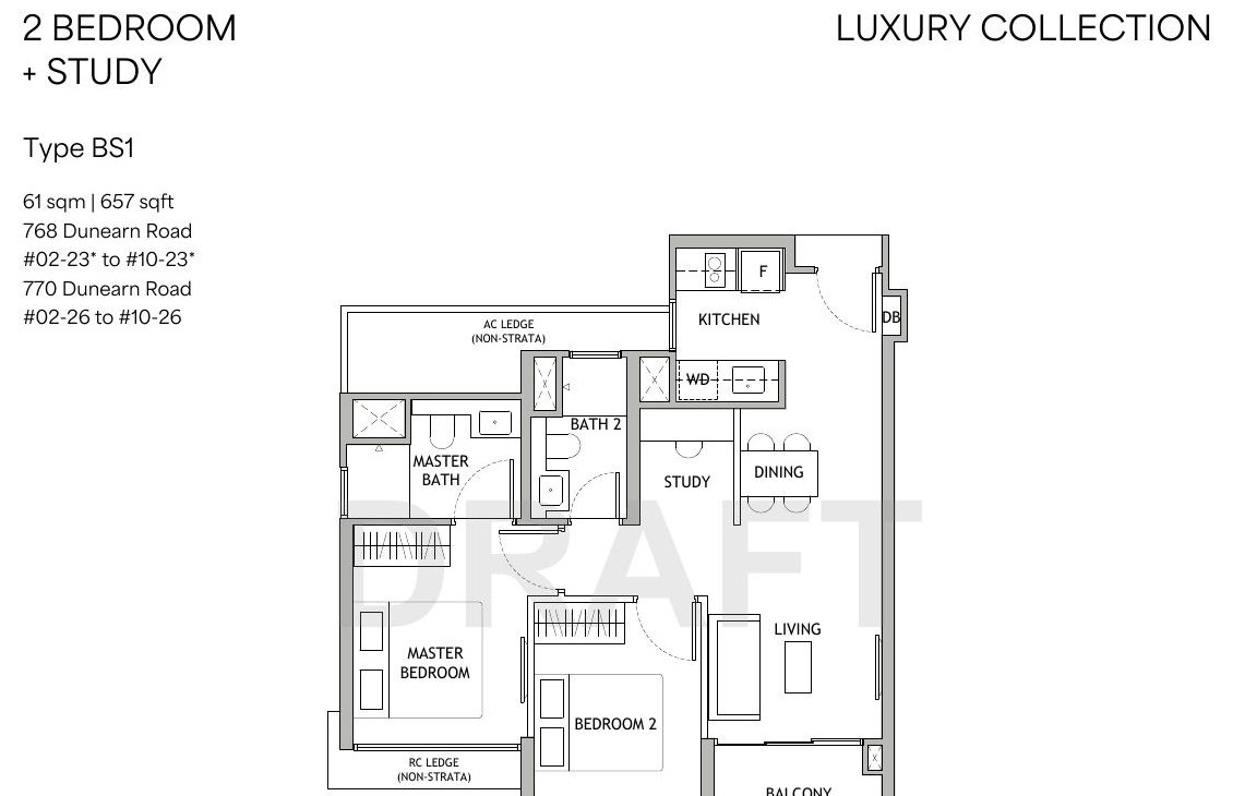 2 Bedroom + Study Type BS1 floor plan — 657 sqft