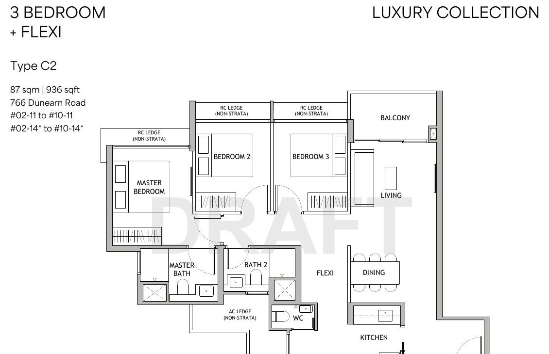 3 Bedroom + Flexi Type C2 floor plan — 936 sqft