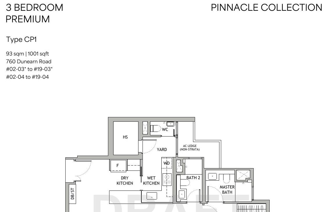 3 Bedroom Premium Type CP1 floor plan — 1,001 sqft
