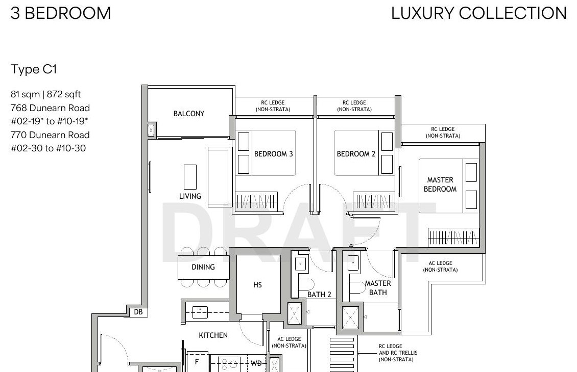 3 Bedroom Type C1 floor plan — 872 sqft
