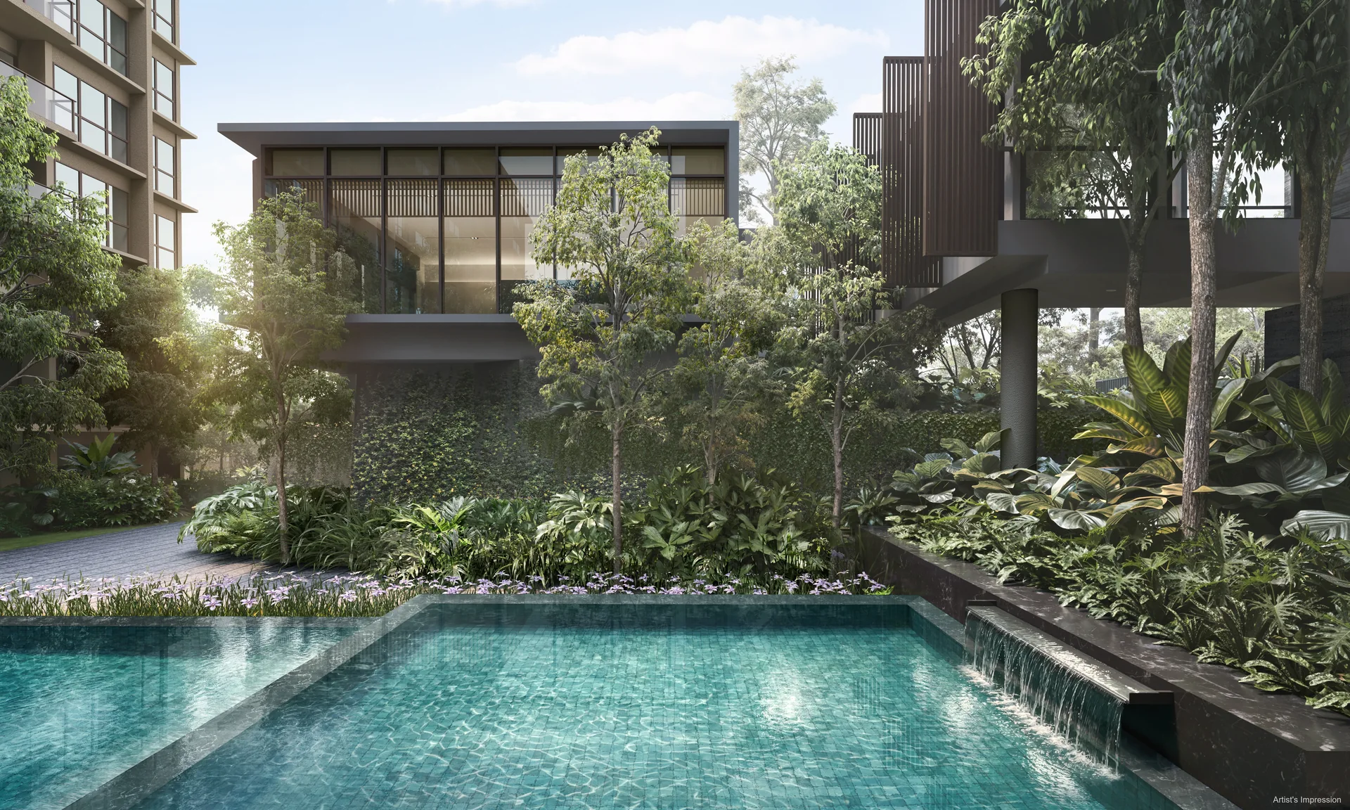 Dunearn House pool and waterfall landscape